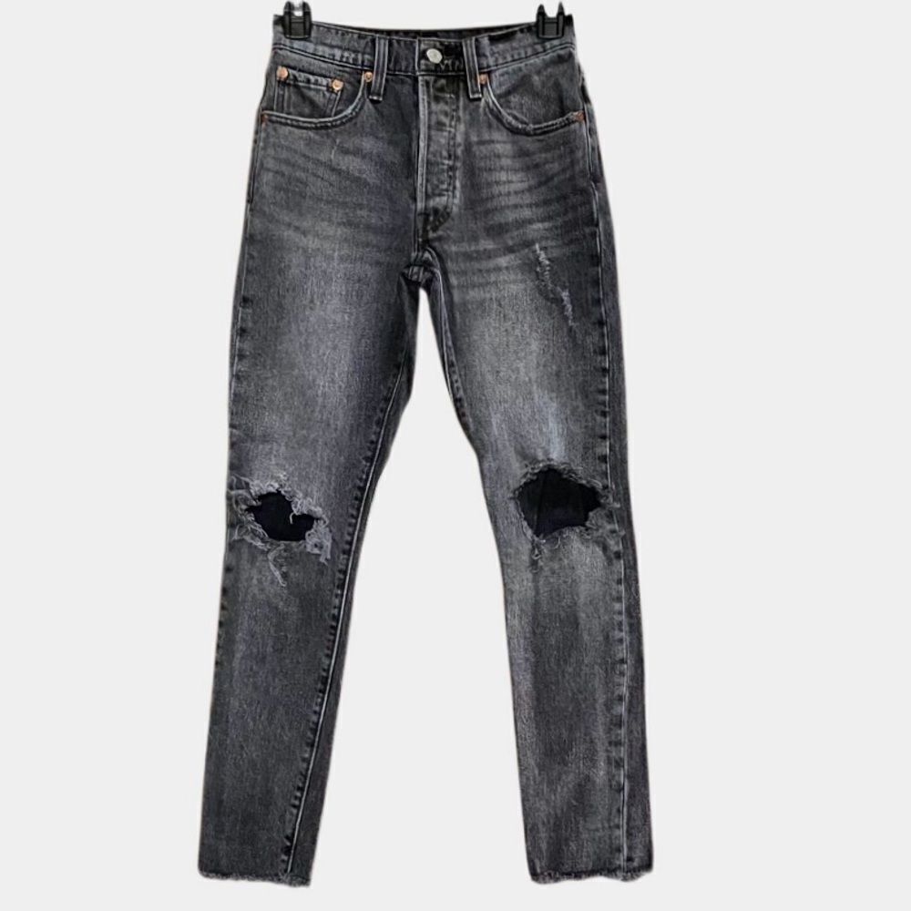 Levi’s 501s Distressed Raw Hem Skinny Straight Jeans in Faded Black Women’s 24